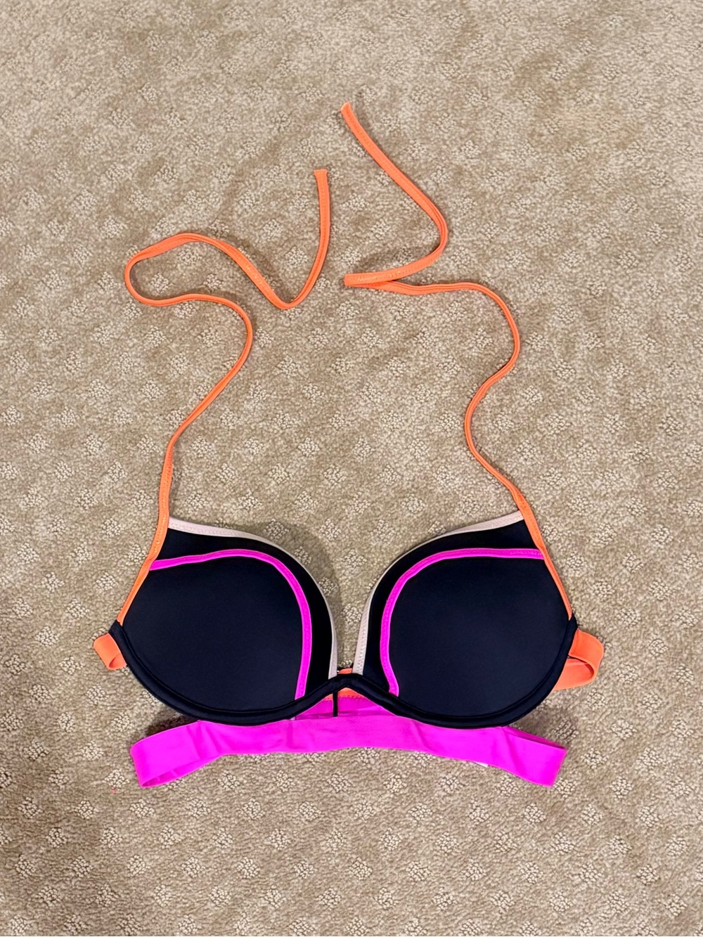 NEVER WORN Victoria's Secret Black, Neon Pink & Orange Push Up Bikini Top